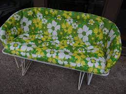 Great vintage condition showing minor signs of age and wear. Hold For Claibornehill Vintage Mid Century Homecrest Loveseat Glider White Wrought Iron Outdoor Original Cushions 1968 Green Yellow Floral Vintage Patio Furniture Vintage Patio Metal Outdoor Furniture