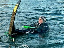 I have never skied in December 💙🥶 I'm 61 and trying not to let the old  woman in. Thanks to hubby for wetsuit. It was a wonderful day! (Water was  54 degrees