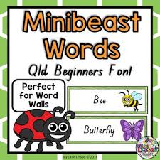 These Minibeast Wordshave Been Created In The Queensland Beginners Font This Product Includes 15 Word Cards With Matching Minibeas Word Cards Minibeasts Words