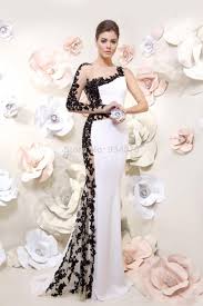 Black And White Long Gown With Sleeves Glamorous White And Black Formal Evening Dress Sheath One Long Sleeve Backless Formal Evening Dresses Black And White Evening Dresses Black Lace Wedding Dress