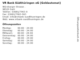 Bic (bank identifier code) und bankleitzahl (blz) von vr bank südthüringen mit sitz in 98553 schleusingen nachschlagen. á… Offnungszeiten Vr Bank Sudthuringen Eg Geldautomat Wurzburger Strasse In Suhl