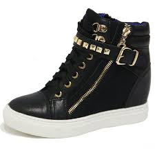 Black And Gold High Tops Women S Black Gold Rock Studded Strap Buckle Zip High Top Sneakers Lady Ankle Trainers Boot Black And Gold Sneakers Black And Gold Shoes Gold High Top Sneakers