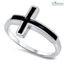 Black And Silver Ring Ladies Shiny Sideways Cross Ring Petite Small Solid 925 Sterling Silver Synthetic Black Onyx Sideways Cross Ring Women Girls Ladies Cross Ring Sterling Silver Rings Silver Rings Sideways Cross