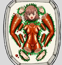 misaka mikoto, toaru kagaku no railgun, toaru majutsu no index, bad id, bad  pixiv id, bad source, highres, 1girl, apple, box, cannibalism, carrot,  corpse, decapitation, ero guro, food, fruit, guro, gurodata, nude -