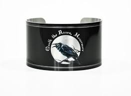 Crows squabble, a murder chasing a raven. Edgar Allen Poe The Raven Quote Aluminum Cuff Neurons Not Included