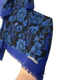 NORMA DORI Long Shawl Scarf Wrap Black & Blue Fabric Bird Paisley Floral  Print