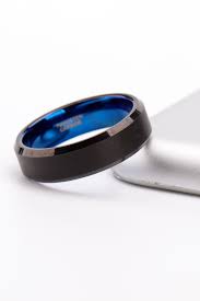 Womens Black And Blue Ring Brushed Tungsten Rings Blue Black With Beveled Edge Blue Rings Brushed Tungsten Ring Tungsten Ring