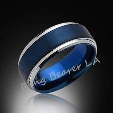Blue Tungsten Ring High Polish Stepped Edges Engagement Band Mens Band Unisex Blue Wedding Rings Blue Rings Mens Wedding Rings