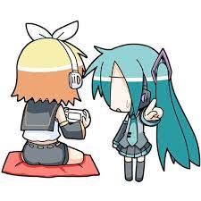 Chibi Chibi Miku Cushion Hair Ribbon Hatsune Miku Kagamine Rin Minami Artist No Eyes Playing Games Pointing Psp Ribbon Sitting Sweatdro Miku Hatsune Vocaloid