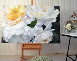 Full Blown David Austin Roses On Easel 152 X 101cm 60x40 Original Paintings By Jenny Fusca Flower Painting Flower Drawing Floral Painting