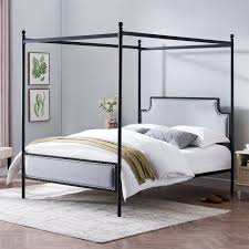 Designed by vuue to create a natural focal point in the room, box frame floats on airy. Rosdorf Park Brewster Queen Size Iron Canopy Bed Frame With Upholstered Studded Headboard Wayfair Iron Canopy Bed Canopy Bed Frame Queen Canopy Bed