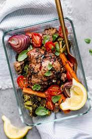 One Pan Balsamic Chicken Veggie Bake The Real Food Dietitians Recipe Baked Veggies Real Food Recipes Balsamic Chicken