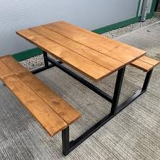 Industrial Outdoor Garden Picnic Table Bench Set Chic Bar Cafe Res Rusticland In 2020 Picnic Table Bench Metal Picnic Tables Table And Bench Set