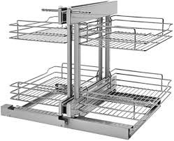 These pull out and turn, making the attached shelving unit slide into the open area of the cabinet door, thus making the shelves accessible to the user. Amazon Com Rev A Shelf 5psp 15 Cr 15 Inch Chrome Blind Corner 4 Shelf Slide Out Kitchen Cabinet Organizer Silver Cabinet Organizers