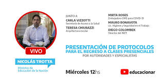 El retorno a las clases presenciales está programado para aquellas zonas en donde las condiciones epidemiológicas garanticen la protección de la salud se evaluará su evolución durante dos semanas para establecer el regreso a las aulas en otras localidades, previendo un retorno progresivo en más. Ministerio De Educacion De La Nacion Argentina En Twitter El Ministro Trottanico Ya Esta En Vivo Presentando Los Protocolos Para El Regreso A Clases Presenciales Junto A Especialistas Y Autoridades Podes Seguirlo