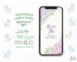 Digital Gender Reveal Invitation Floral, Electronic Gender Reveal Evite, He  or She Editable Template, Flowers Baby Boy Or Girl Party Invite