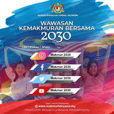 Wawasan kemakmuran bersama (wkb) 2030 telah dilancarkan oleh kerajaan pada oktober 2019 dengan merancang pembangunan ekonomi dan pengagihan kekayaan negara kepada semua peringkat lapisan masyarakat tanpa mengira etnik, pendapatan dan rantaian bekalan. Wawasan Kemakmuran Bersama 2030 Official Portal Of Economic Planning Unit