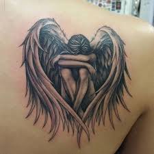 Back Shoulder Tattoo Woman With Angel Wings Sitting Covering Her Face Fallen Angel T Angel Tattoo For Women Tattoos For Daughters Tattoos For Women Half Sleeve
