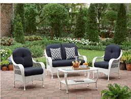 Bhg 4 Piece White Wicker Outdoor Conversation Set With Bench Bhg Outdoor Garden Furniture Conversation Set Patio Wicker Outdoor Furniture Set
