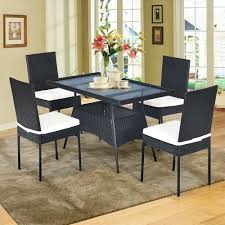 Quality acacia top dining table: Costway 5pcs Patio Rattan Dining Set Cushioned Chair Table W Glass Top Overstock 20445706