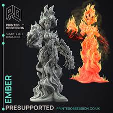 3D file Ember - Fire Elemental - Dungeon Cleaning Inc - PRESUPPORTED -  Illustrated and Stats - 32mm scale・3D printable design to download・Cults