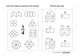 There are two different difficulty levels for each kind of problem. Two Visual Math Puzzles And Coloring Pages Color The Shapes To Represent The Fraction Find The Top View Black And White Answers Included Royalty Free Cliparts Vectors And Stock Illustration Image 94365042
