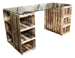 Seine arbeitsfläche bietet viel platz zum arbeiten. Nutzliches Schreibtisch Mit Geflammten Holzkisten Glasplatte 150x70x66cm Obstkisten Online De