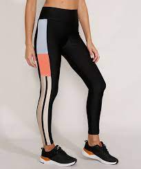 Calca Legging Feminina Esportiva Ace Color Block Com Brilho Preta