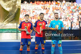Licensable picture: Spain defender Pau Cubarsí (22), Spain midfielder Rodri (16) and Spain goalkeeper Unai Simón (23) hold up awards after the FIFA