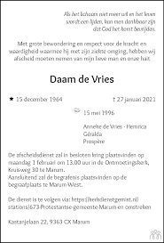 De overlijdensberichten komen voort uit locale krantenpublicaties en direct van familieleden die deze zelf online plaatsen op mensenlinq, dagblad van noorden rouwadvertenties. Daam De Vries 27 01 2021 Overlijdensbericht En Condoleances Mensenlinq Nl