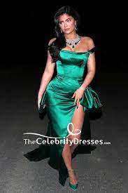Kylie Jenner Green Off-the-shoulder Thigh-high Slit Prom Dress -  TheCelebrityDresses