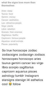 Which zodiac sign has most attractive personality? What The Signs Love More Than Themselves Aries Sleep Taurus Food Gemini Money Cancer Aesthetics Leo Attractive People Virgo Plants Libra Rebellion Scorpio Their Enemies Sagittarius Netflix Capricorn Famous People Aquarius Small Animals