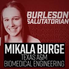 The Burleson High School commencement ceremony begins at 8 pm and will  stream live at https://bit.ly/BISDgraduationATTStadium. Class Valedictorian Sydney  Cobb will attend the University of Texas to study business and earn a