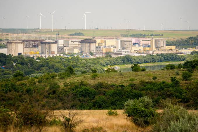 A view of the Cernavoda nuclear power plant situated along the banks of the Danube River in Romania.