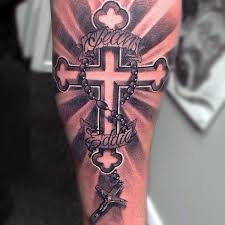 Search on info.com for rosary on arm tattoos. Grey Dark Christian Cross With Rosary Tattoo On Forearm