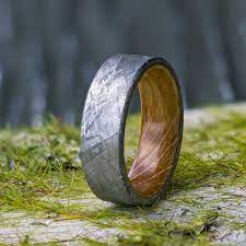 Meteorite Men S Wedding Band With Whiskey Barrel Wood Sleeve Meteorite Wedding Band Mens Wedding Rings Meteorite Ring