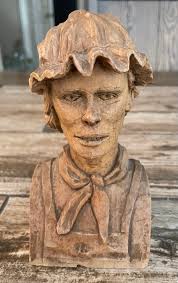 Folk Art Wood Carving Bust of Woman Signed C. Ouellet '77