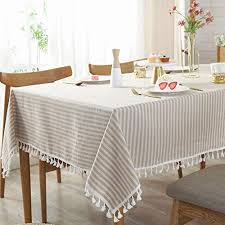 Amazon Com Amzali Stripe Tassel Tablecloth Cotton Linen Table Cloth Stain Resistant Dust Proof Table Cover For Table Top Decor Table Cloth Modern Tablecloths