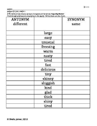 Synonyms Antonyms Character Relationships Nouns Verbs Reading Synonyms And Antonyms Nouns And Verbs Word Work