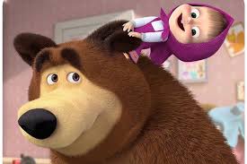 Sculpture of masha and the bear in protective masks on the playground. Foto Pertunjukan Masha And The Bear On Ice Diundur