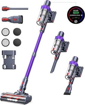 Cordless stick vacuum cleaner featuring smart touchscreen and anti-tangle brush head., AI generated