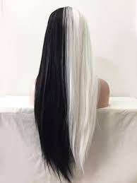 Women Lace Front Black White Two Tone Middle Part Long Etsy In 2021 Split Dyed Hair Hair Styles Hair Inspiration Color
