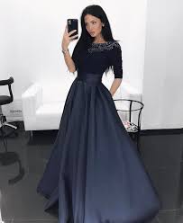 Dark Navy Long Sleeves Evening Dress With Pockets Beading Spandex Satin Prom Gown Prom Dresses Long With Sleeves Prom Dresses With Sleeves Prom Dresses Blue
