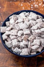Crispix mixes shook in powdered sugar. Puppy Chow Homemade Hooplah