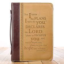 The inside flaps for holding the bible cover were a little tight to put the bible into, but we made it work. Amazon Com Christian Art Gifts Tan Faux Leather Bible Cover For Men And Women I Know The Plans Jeremiah 29 11 Zippered Case For Bible Or Book W Handle Large 6006937082335 Christian