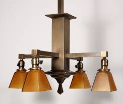 Nice pure brass in art nouveau leaf form. Amazing Antique Arts Crafts Four Light Chandelier In Brass Early 1900 S