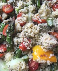 Abby S Couscous Salad Pesto Chicken From Trader Joes Cooked 1 Box Of Original Couscous Cooked 1 Pi Grilled Asparagus Stuffed Peppers Couscous Salad