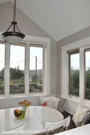Banquette Paint Pillows Eating Area All Done House Updated Benjamin Moore London Fog Room Wall Colors Dining Room Wall Color