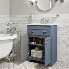 Zero waste bathroom essentials minimalist bathroom tour jamie kate. 600mm Vanity Unit With Basin 2 Door Matt Blue Baxenden Better Bathrooms