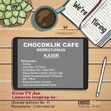 Makuku family saat ini membuka lowongan pekerjaan posisi staff hrd penempatan bandung. Lowongan Kerja Chocoklik Cafe Purwokerto Mei 2019